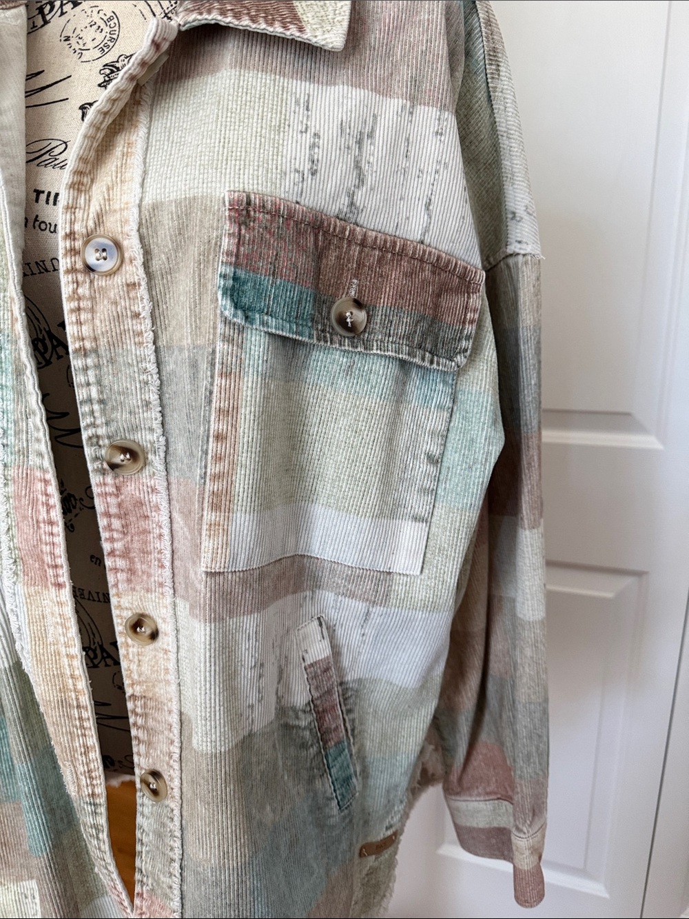 BKE Pastel Multi-Stripe Jean Jacket in Cream, Tan & Blue-Green - Picture 2 of 5